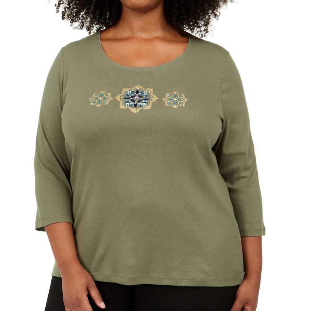Karen Scott Plus Size Cotton Sequined Graphic Top
